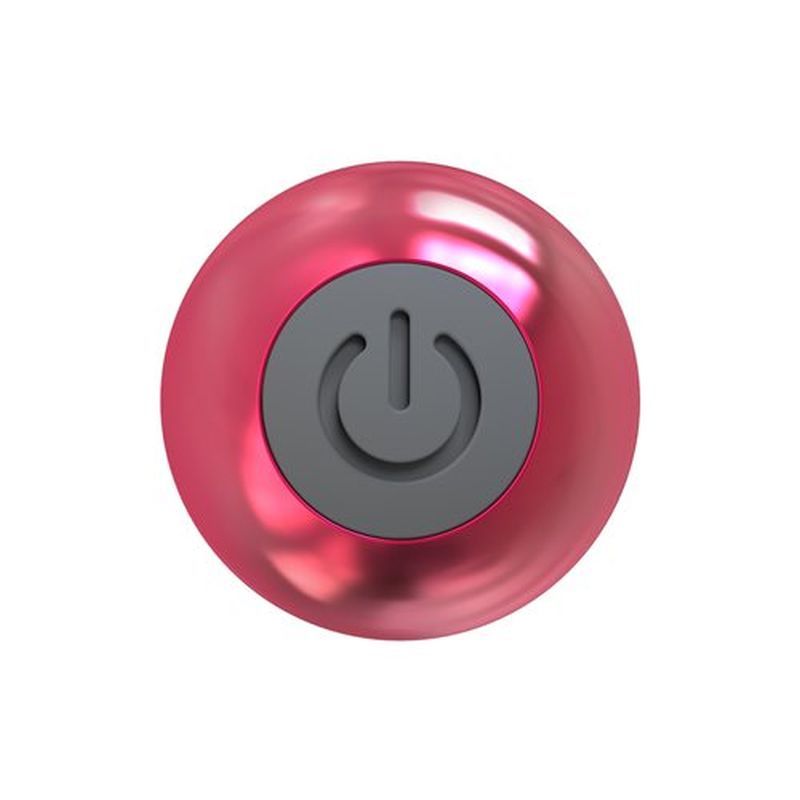 Close-up of a pink bullet vibrator with a power button design, showcasing its sleek and modern look.