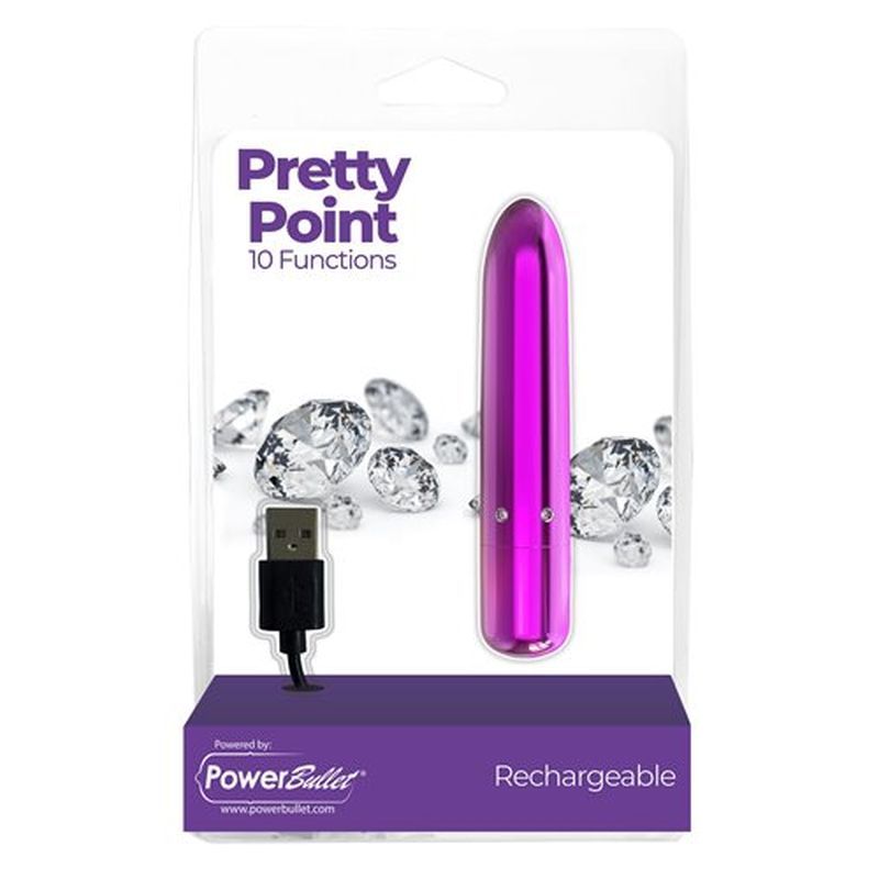 Pretty Point 4in Power Bullet Purple vibrator packaging with USB and diamond accents.