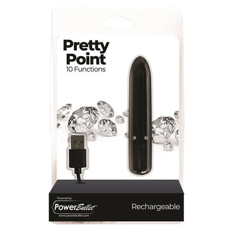 Pretty Point 4in Power Bullet Black vibrator with 10 functions and USB charging, surrounded by crystals.