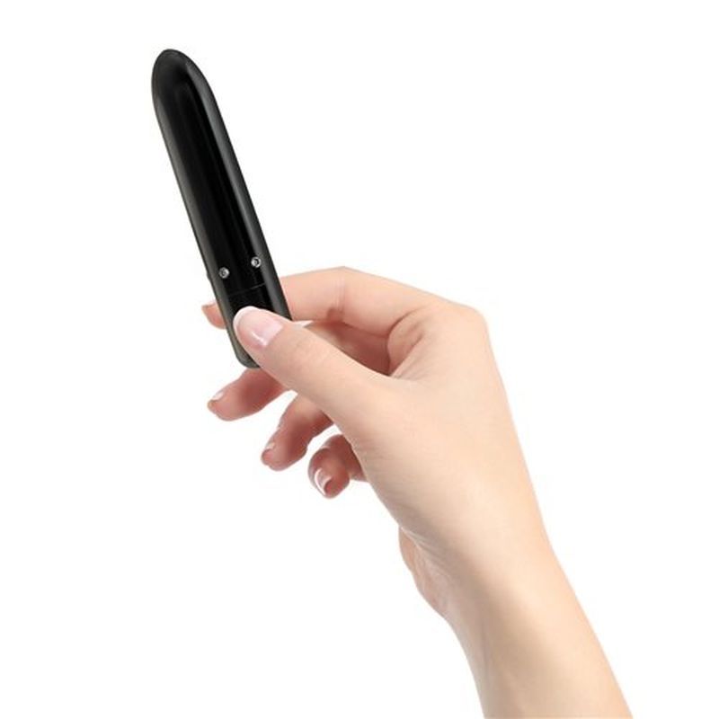 Pretty Point 4in Power Bullet Black held in hand, a glamorous intimate essential for her with deep vibrations.