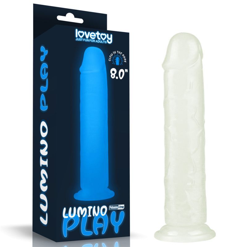 Lumino Play dildo 8in, a glow in the dark dildo packaged for adult fun.