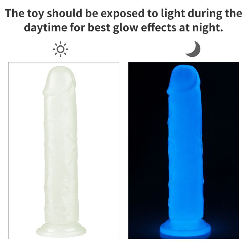 Glow in the dark dildo shown in light and dark settings for enhanced nighttime enjoyment.