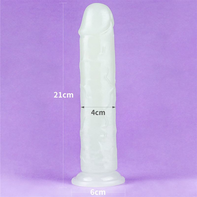 Lumino Play Dildo, 8in glow in the dark dildo in translucent material, dimensions 21cm x 4cm x 6cm