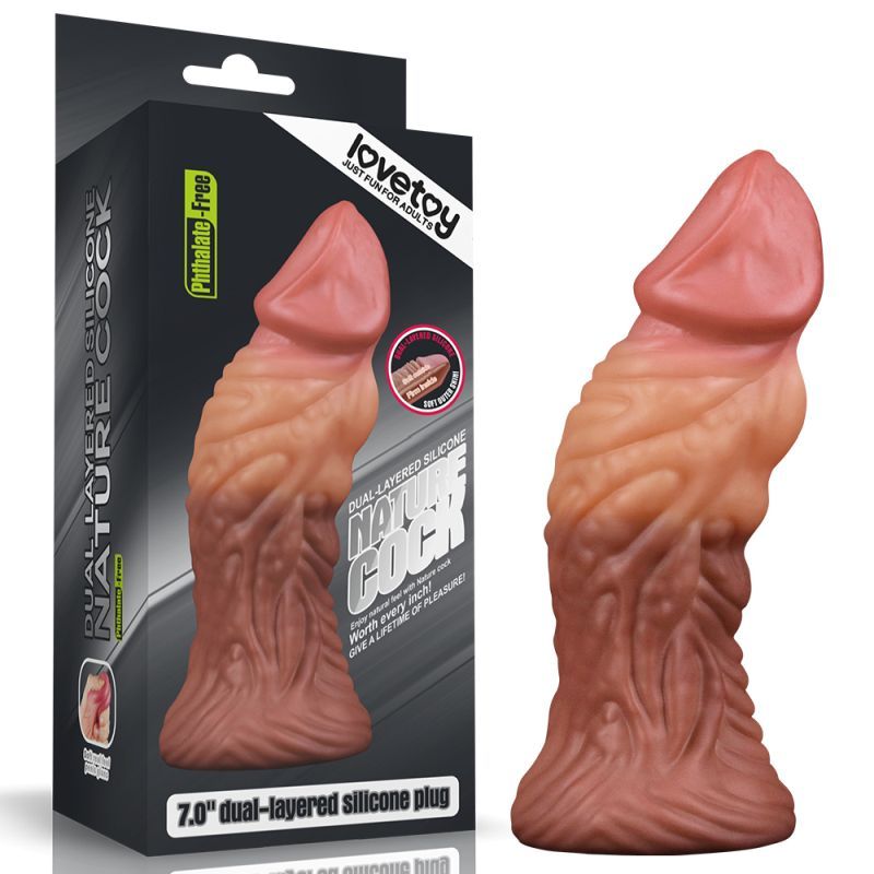 Nature Cock 7in Dual Layer Silicone Butt Plug showcasing its realistic design and packaging features.