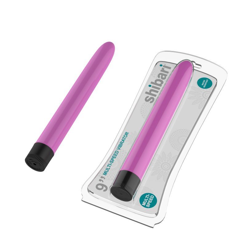 Shibari 9in pink multi-speed vibrator with packaging, powerful and water-resistant design.