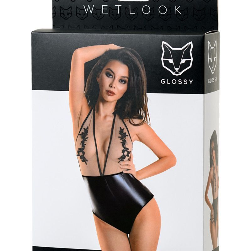 Glossy Wetlook Bodysuit Kiara with halter neck and black floral adornment, showcasing daring open back in packaging.