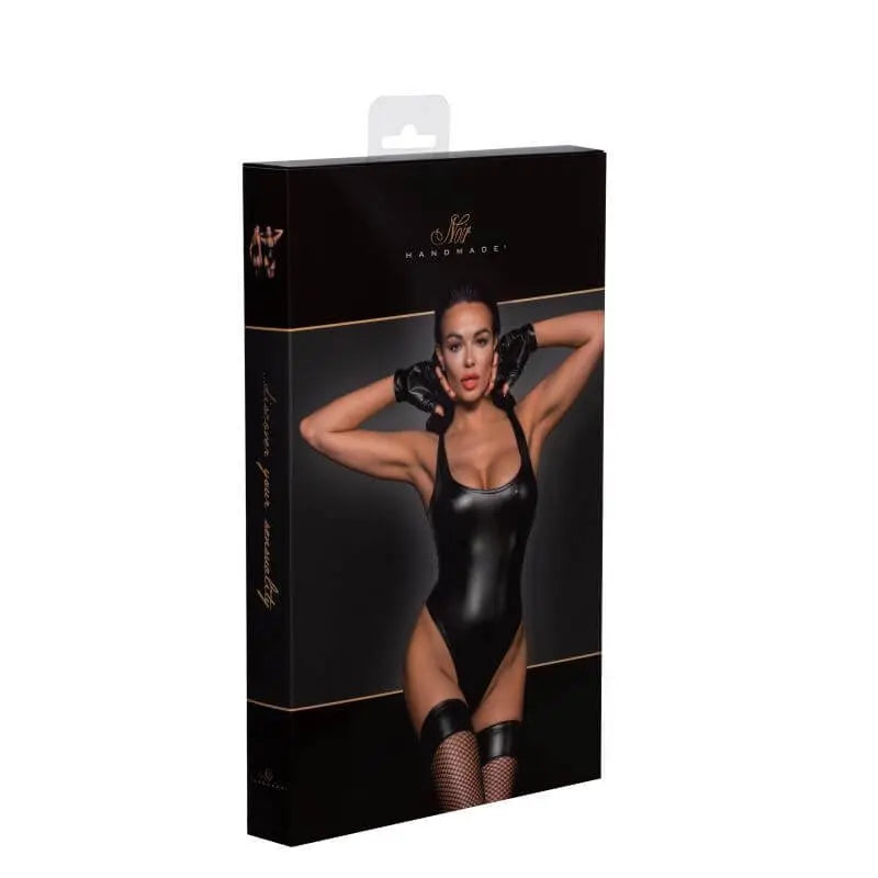 Power Wetlook Bodysuit w High Cut Leg Noir Discreet Intimate Essentials.
