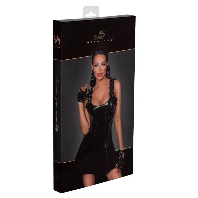Short PVC dress w Frilled Shoulder Straps Noir Discreet Intimate Essentials.