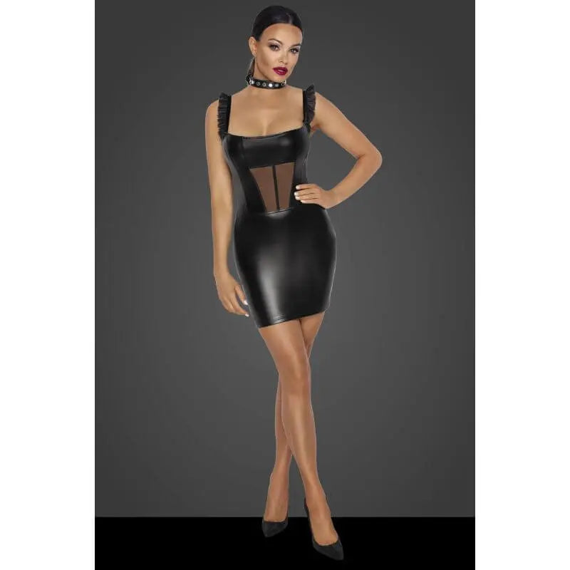 Power Wetlook Short Dress w Front Tulle Inserts Noir Discreet Intimate Essentials.