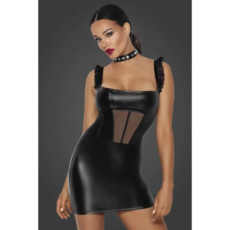 Power Wetlook Short Dress w Front Tulle Inserts Noir Discreet Intimate Essentials.