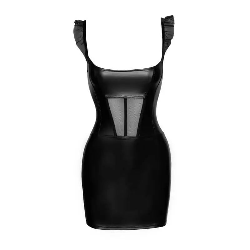 Power Wetlook Short Dress w Front Tulle Inserts Noir Discreet Intimate Essentials.
