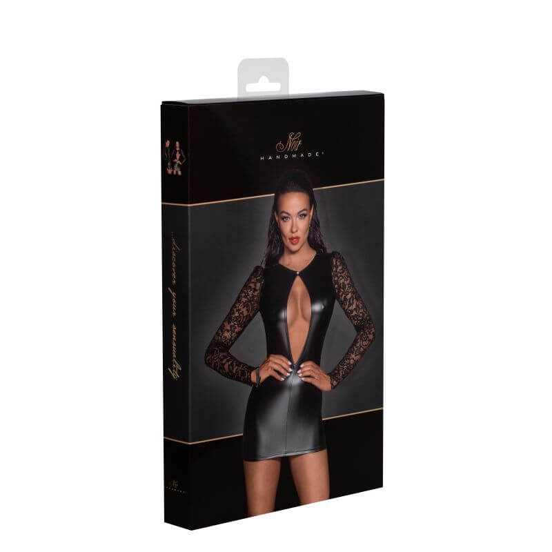 Power Wetlook Short Dress w Lace Sleeves packaging featuring a model showcasing the dress.