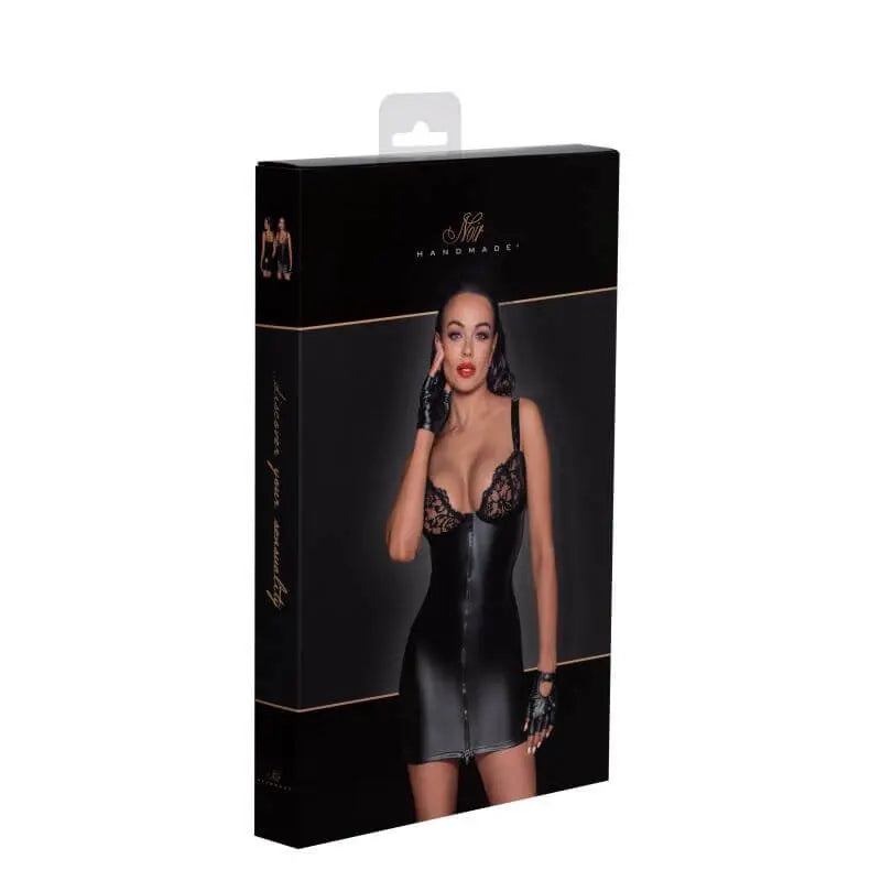 Power Wetlook Mini Dress w Lace Chest &  Two Way Zipper Noir Discreet Intimate Essentials.