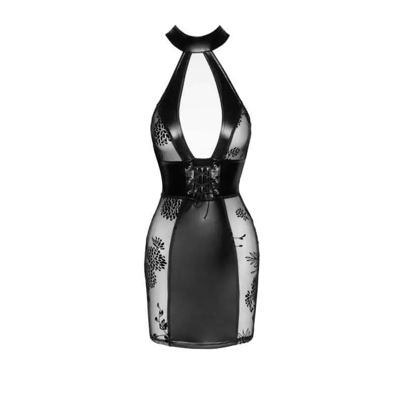 Power Wetlook Short tulle dress w Inserts & Corset Binding Noir Discreet Intimate Essentials.