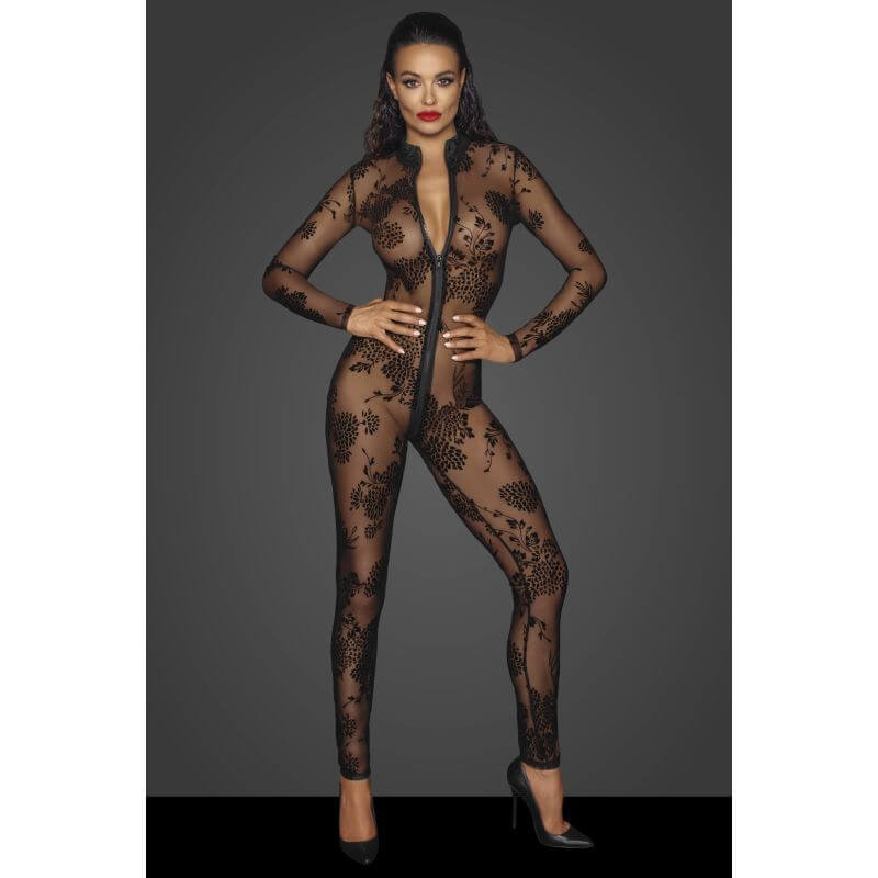Long Tulle Overall w 3 Way Zipper displaying intricate flock embroidery and a seductive silhouette.