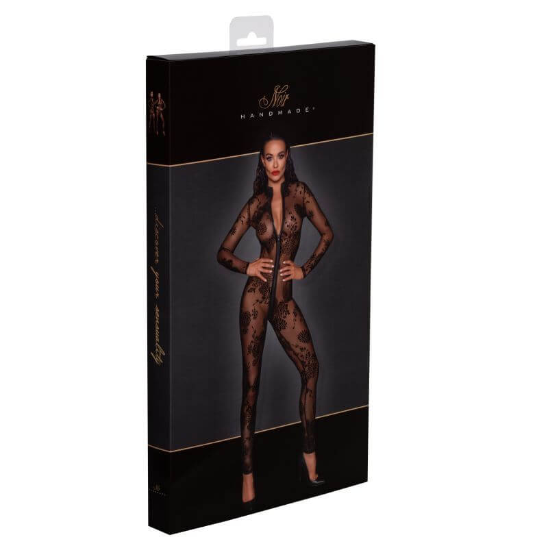 Long Tulle Overall w 3 Way Zipper packaging featuring a model in sheer tulle with flock embroidery, perfect intimate essentials for her.
