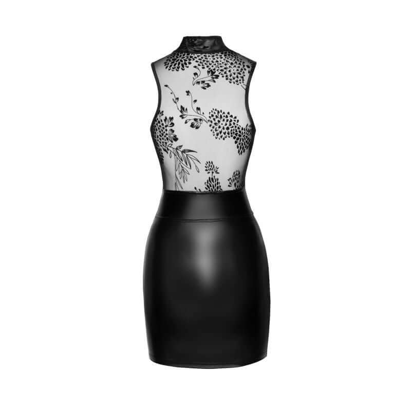Power Wetlook Short Dress w Skirt & Tulle Top featuring a black wetlook skirt and floral patterned tulle top.