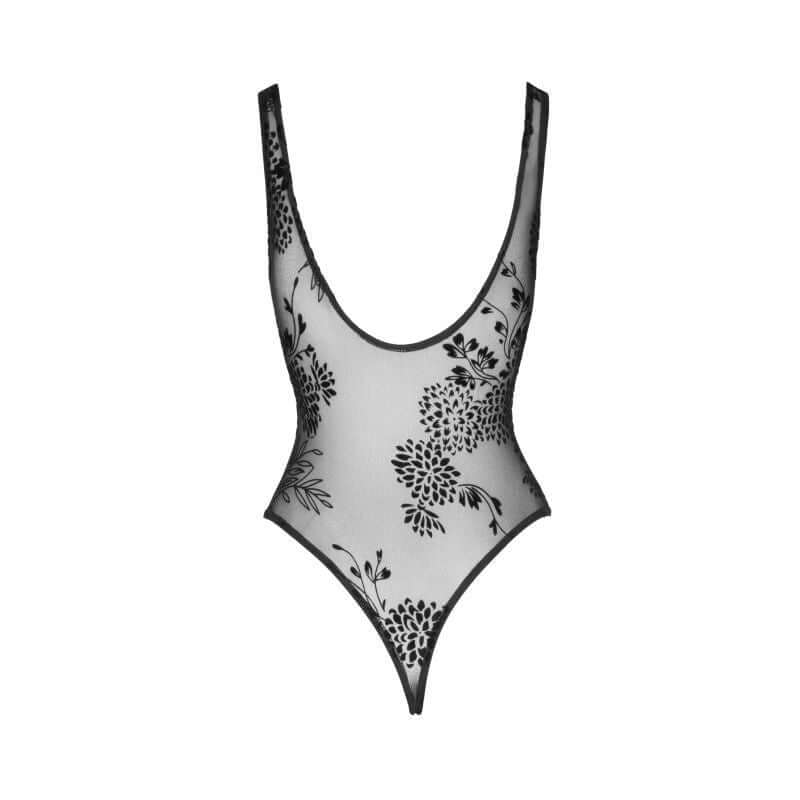 Tulle Bodysuit  w Patterned Flock Embroidery showcasing sheer design and floral embroidery details.