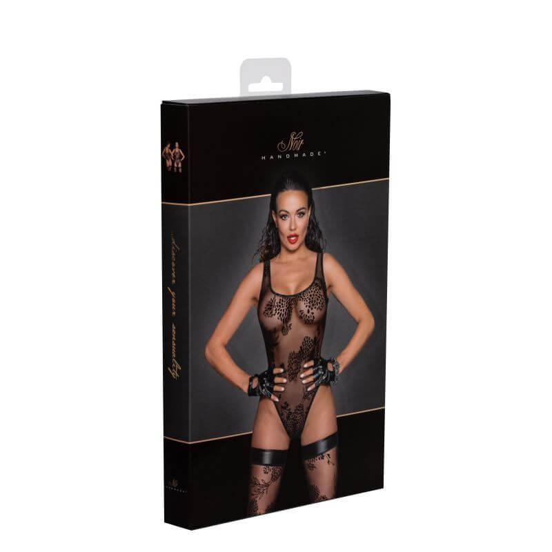 Tulle Bodysuit  w Patterned Flock Embroidery in elegant packaging, showcasing sheer design with embroidered details.