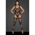 Tulle bodysuit with flock embroidery displayed on a model, showcasing sheer design and intricate pattern detail.