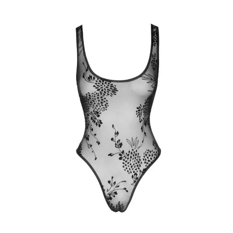 Tulle Bodysuit  w Patterned Flock Embroidery Noir Discreet Intimate Essentials.