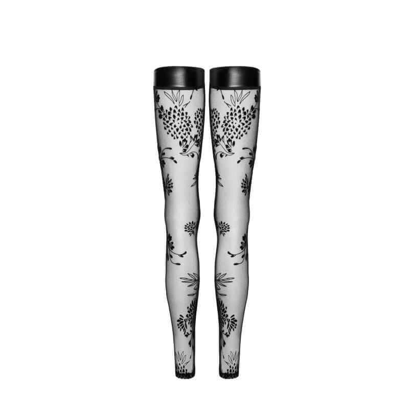 Tulle Stockings w Patterned Flock Embroidery & Power Wetlook Band for intimate essentials for her.