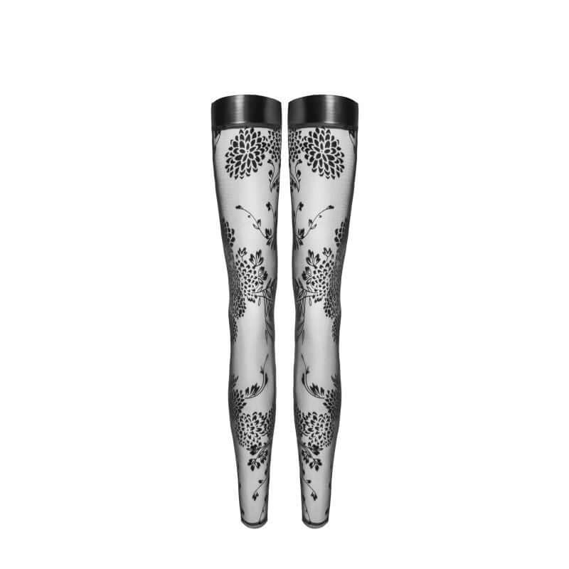 Tulle Stockings w Patterned Flock Embroidery & Power Wetlook Band showcasing sheer design and floral patterns.