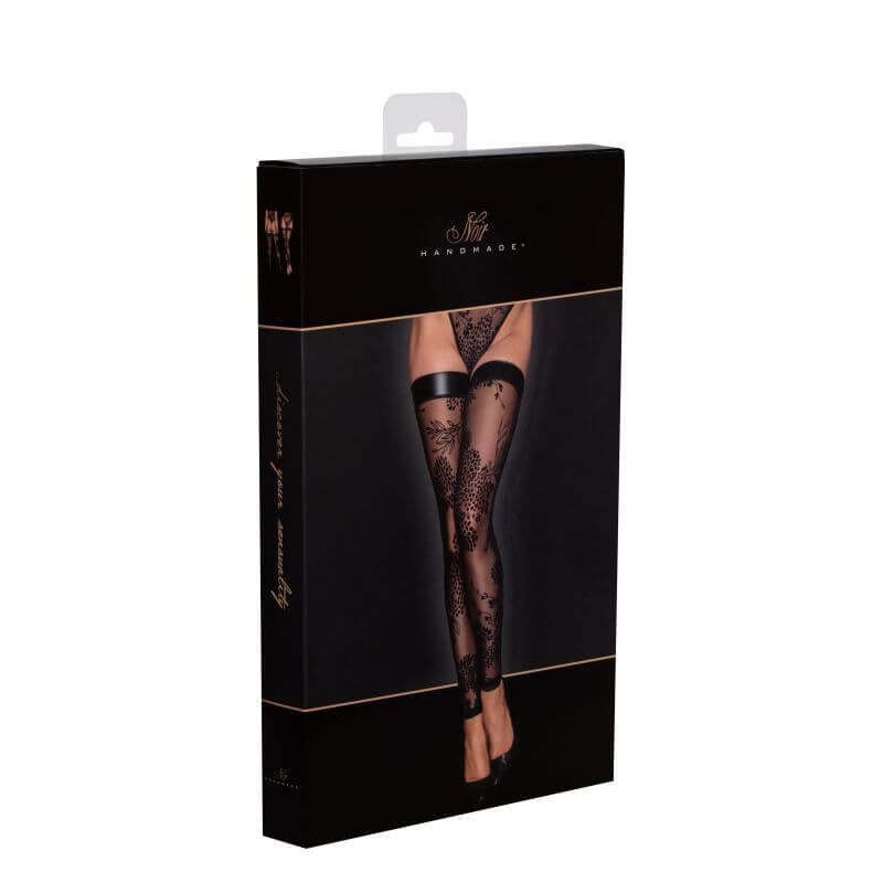 Tulle stockings with flock embroidery packaging showcasing the intricate design and power wetlook band.