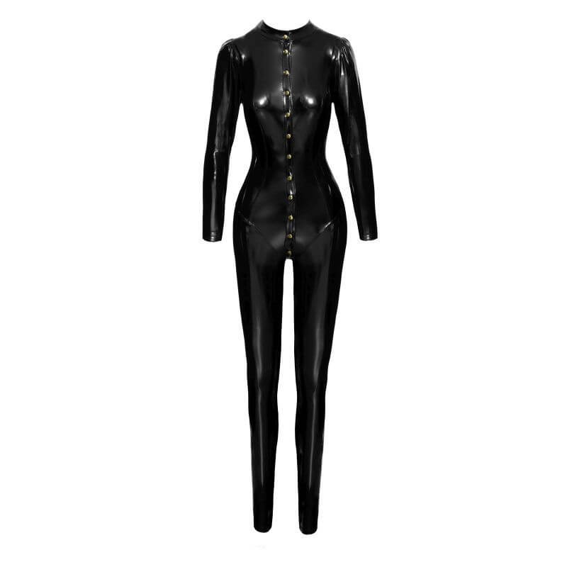 Long PVC button up overall showcasing a sleek black design with full-length sleeves and a fitted silhouette.
