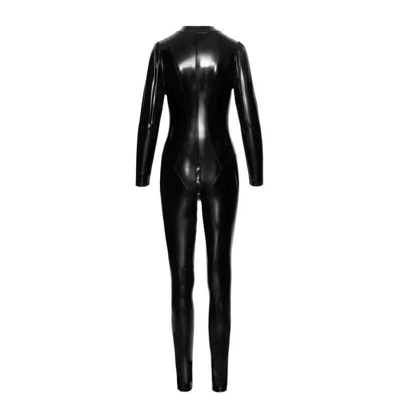 Long PVC button up overall displayed from the back, showcasing its sleek design and form-fitting silhouette.