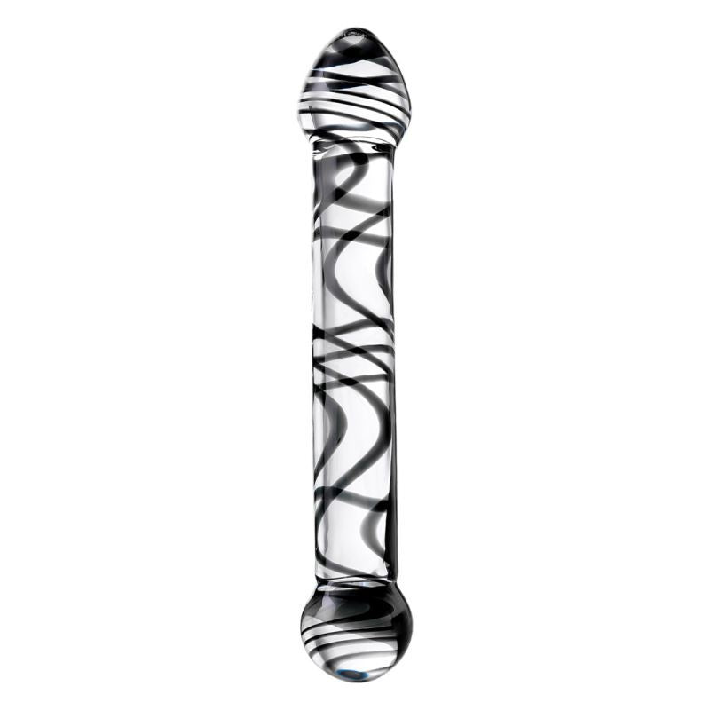 Stylish glass dildo for couples in black swirl design, 20.5cm for intense sexual experiences.