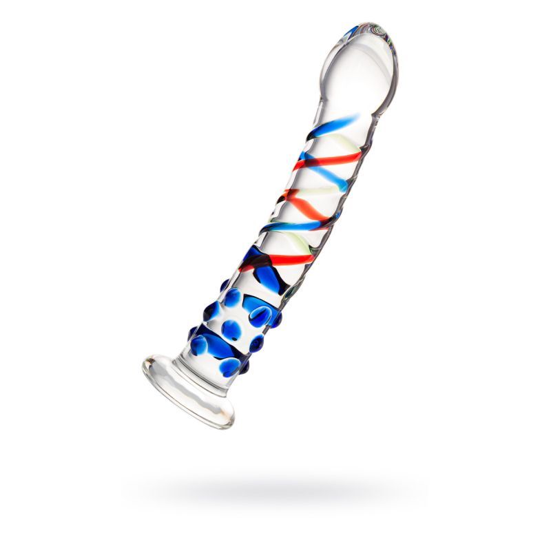 Sexus Glass Dildo Blue Tip 18cm, featuring blue swirls, ideal for pleasure, crafted glass dildo blue tip.