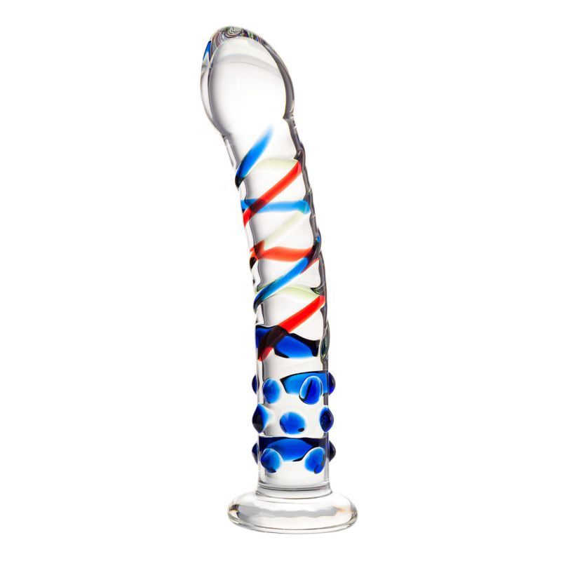 Sexus Glass Dildo Blue Tip 18cm featuring vibrant blue and red swirls, perfect for adult pleasure, glass dildo blue tip.