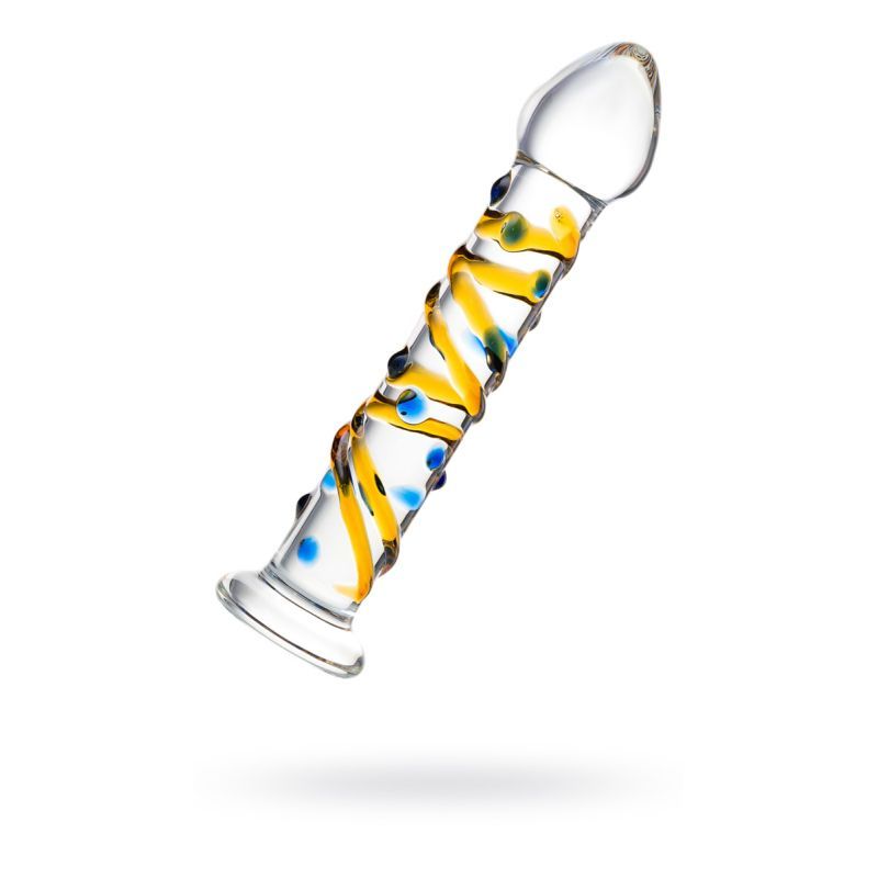 yellow glass dildo 17.2cm with colorful swirled design for enhanced pleasure and aesthetic appeal.