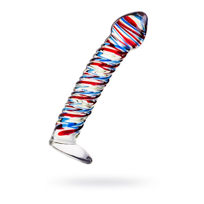 Sexus Glass Dildo Stripes w Base Blue/Red 16cm, a decorative glass dildo with base, ideal for adult use.