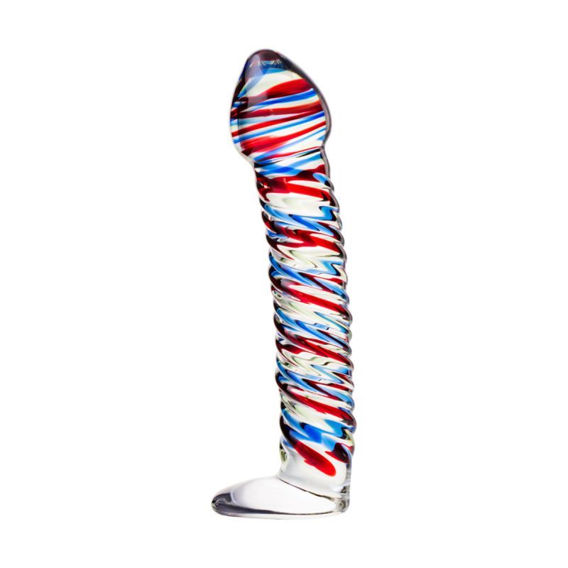 Colorful sex toy featuring blue and red stripes, a glass dildo with base, 16cm long.