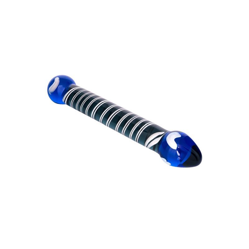 Blue glass dildo featuring a striped design and dual ends for versatile use.