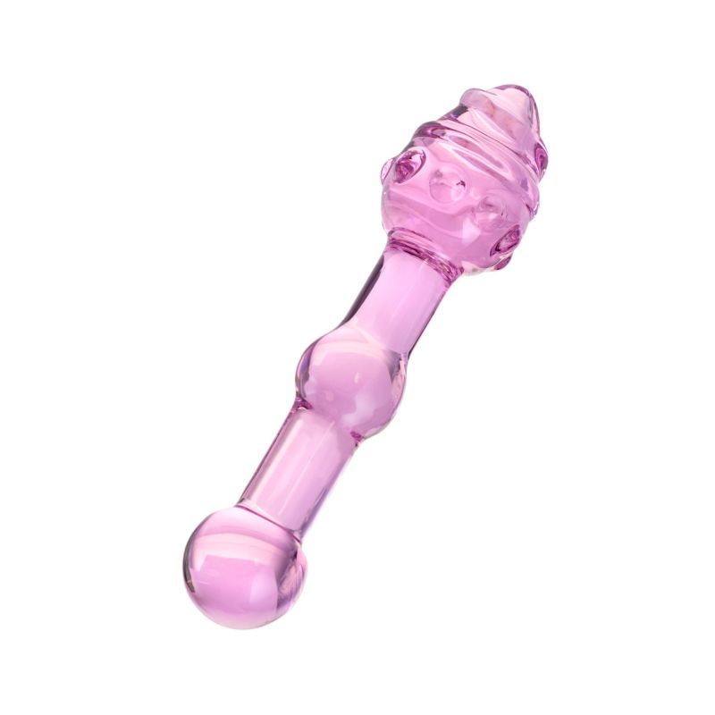 Pink glass dildo 17cm with decorative features, perfect for sensual pleasures and easy to clean.