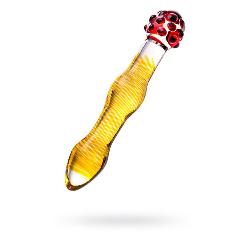 Sexus Glass Dildo Yellow and Red 20.5 cm, featuring yellow grooves and a red patterned end, perfect for pleasure.