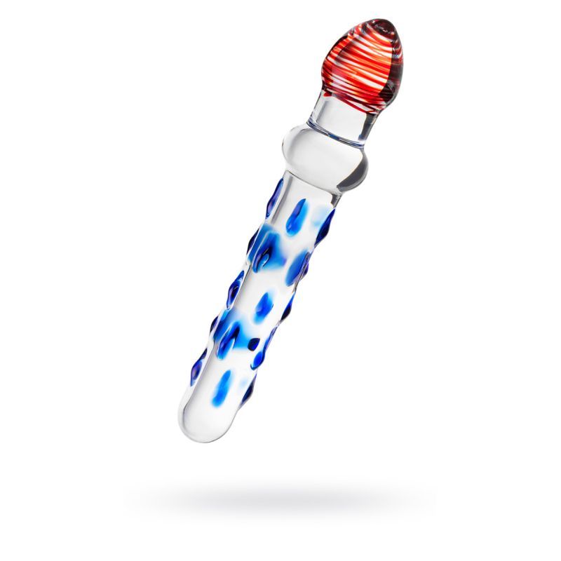 Sexus Glass Dildo Blue/Red 20 cm featuring a textured design, perfect for intimate experiences with blue red glass dildo.
