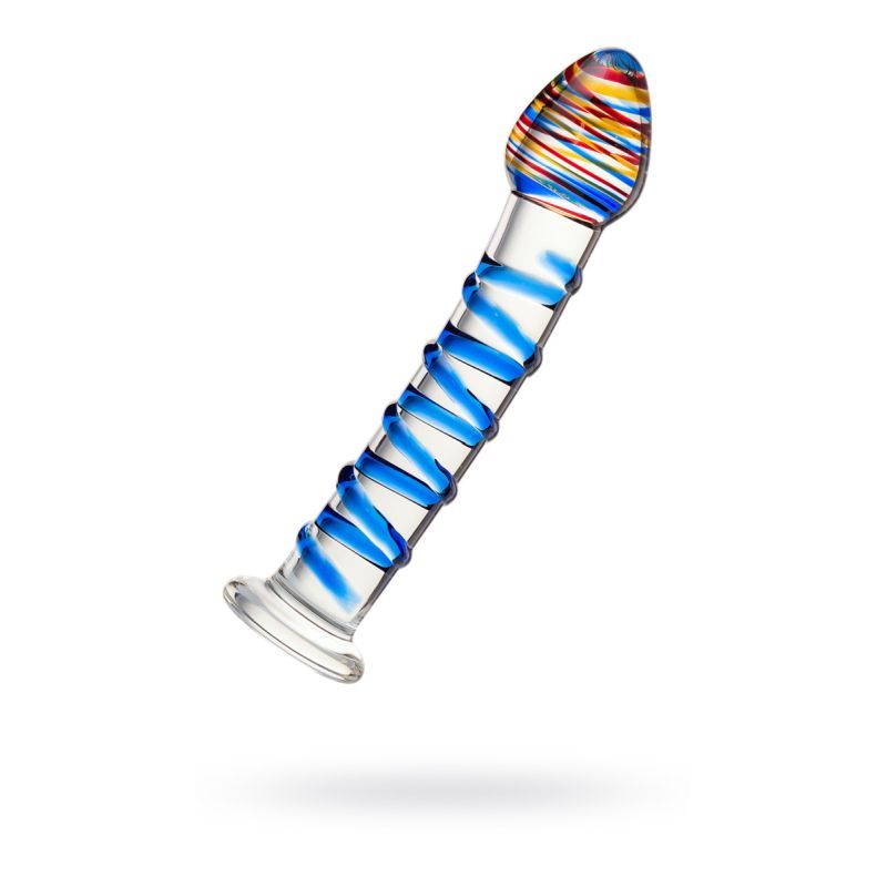 blue swirls glass dildo 18cm with delicate blue ribbons and smooth glass surface.