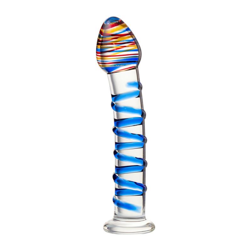 blue swirls glass dildo 18cm with colorful design and smooth, sculpted surface