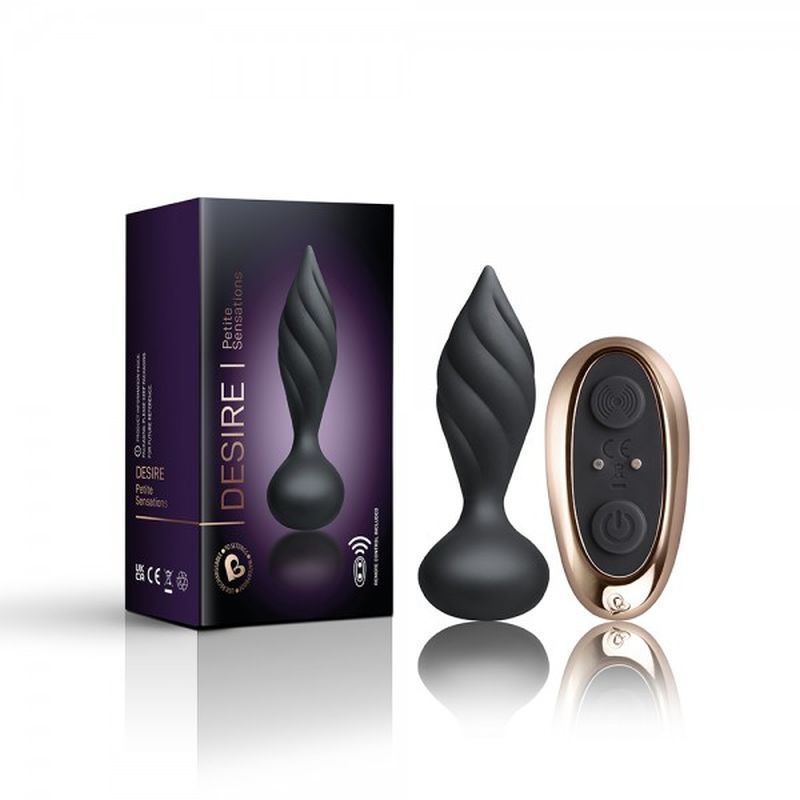 Petite Sensation Desire butt plug with remote in black box packaging, showcasing a petite vibrating butt plug for anal play.