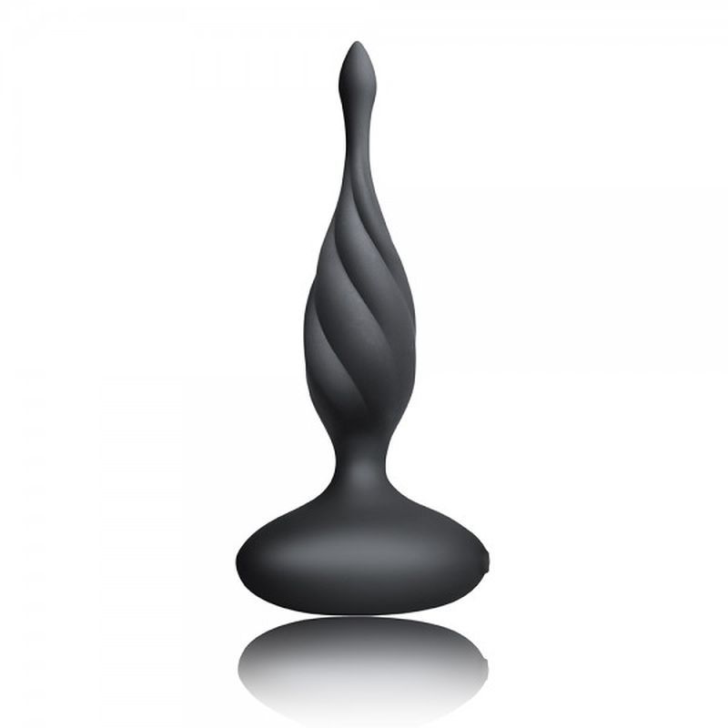 Petite Sensation Discover Butt Plug w Remote Black, a sleek anal toy with a spiral design for intimate exploration.