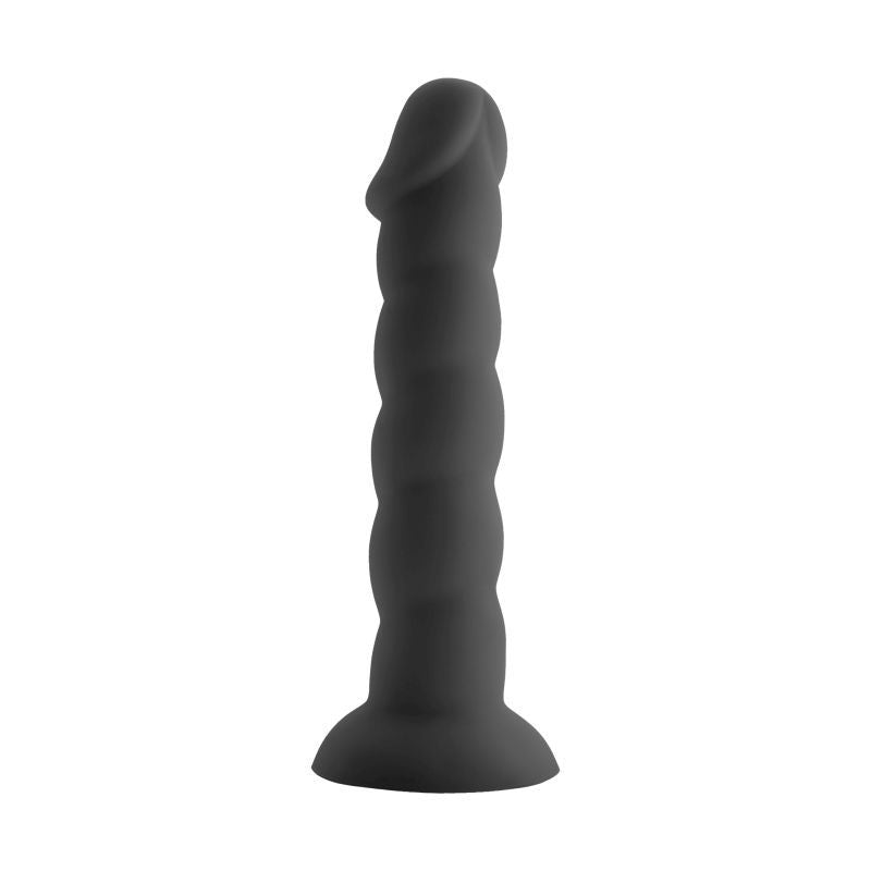 black silicone dildo with suction base, ridged design, 19cm insertable length, made from 100% silicone