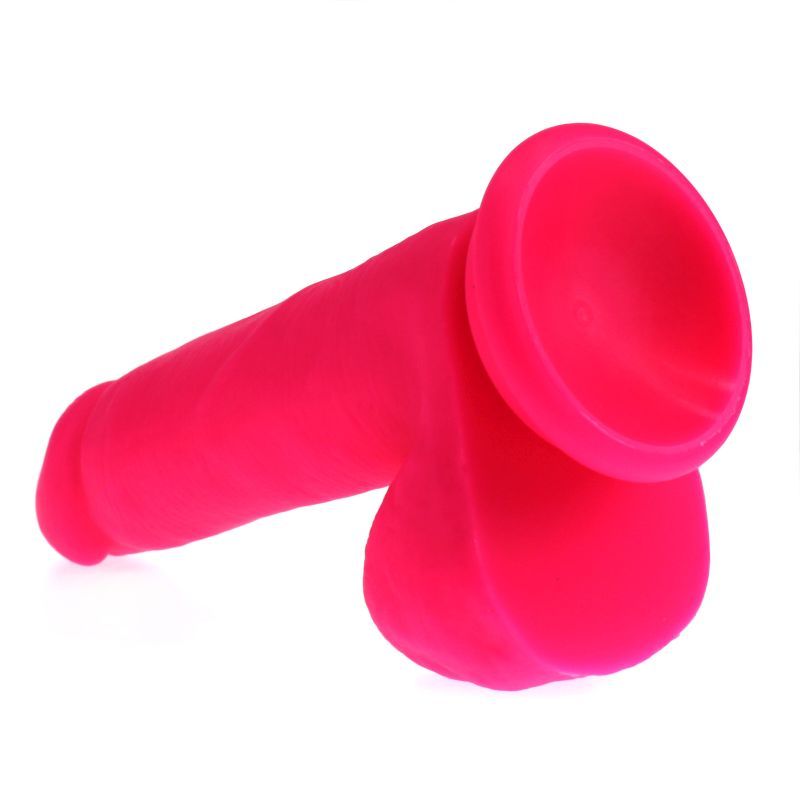 Thick pink realistic dildo with suction base, 16cm insertable length, made of 100 percent silicone.