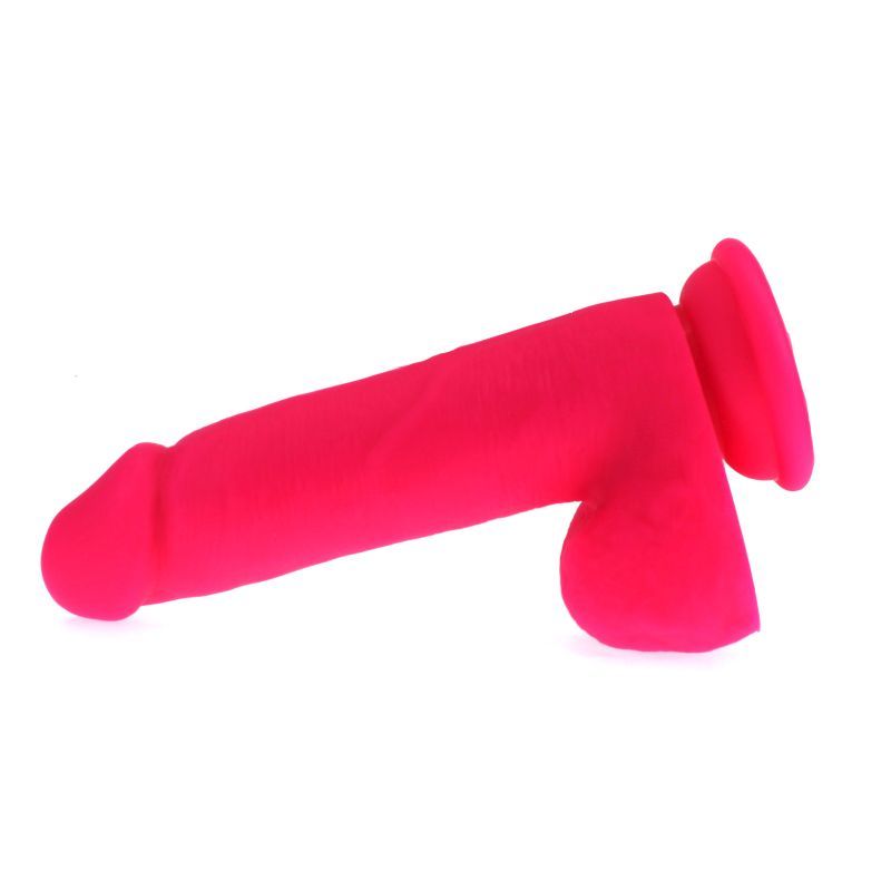 Thick Realistic Cock w Balls Pink, a large realistic dildo with suction base, 16cm insertable length.