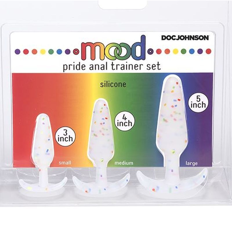 Pride Anal Trainer Set featuring 3 sizes: 3 inch, 4 inch, and 5 inch in rainbow confetti silicone for anal training.