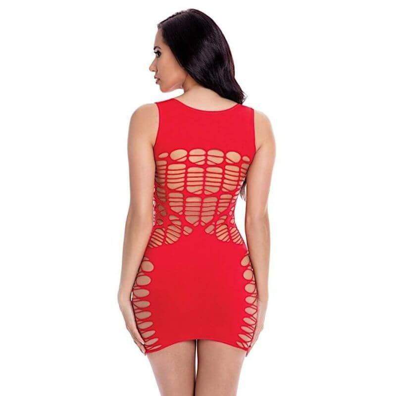Model showcasing the back of a red shredded mini dress with unique cut-out design.