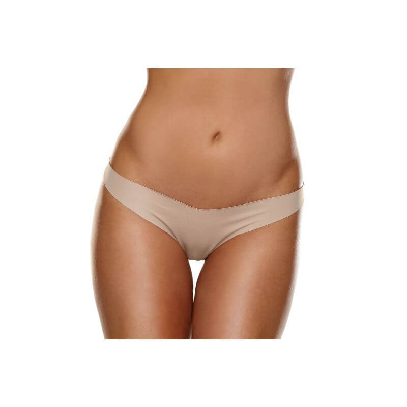 Invisible thong panties in a nude color, tagless and laser cut for a seamless look under clothing.